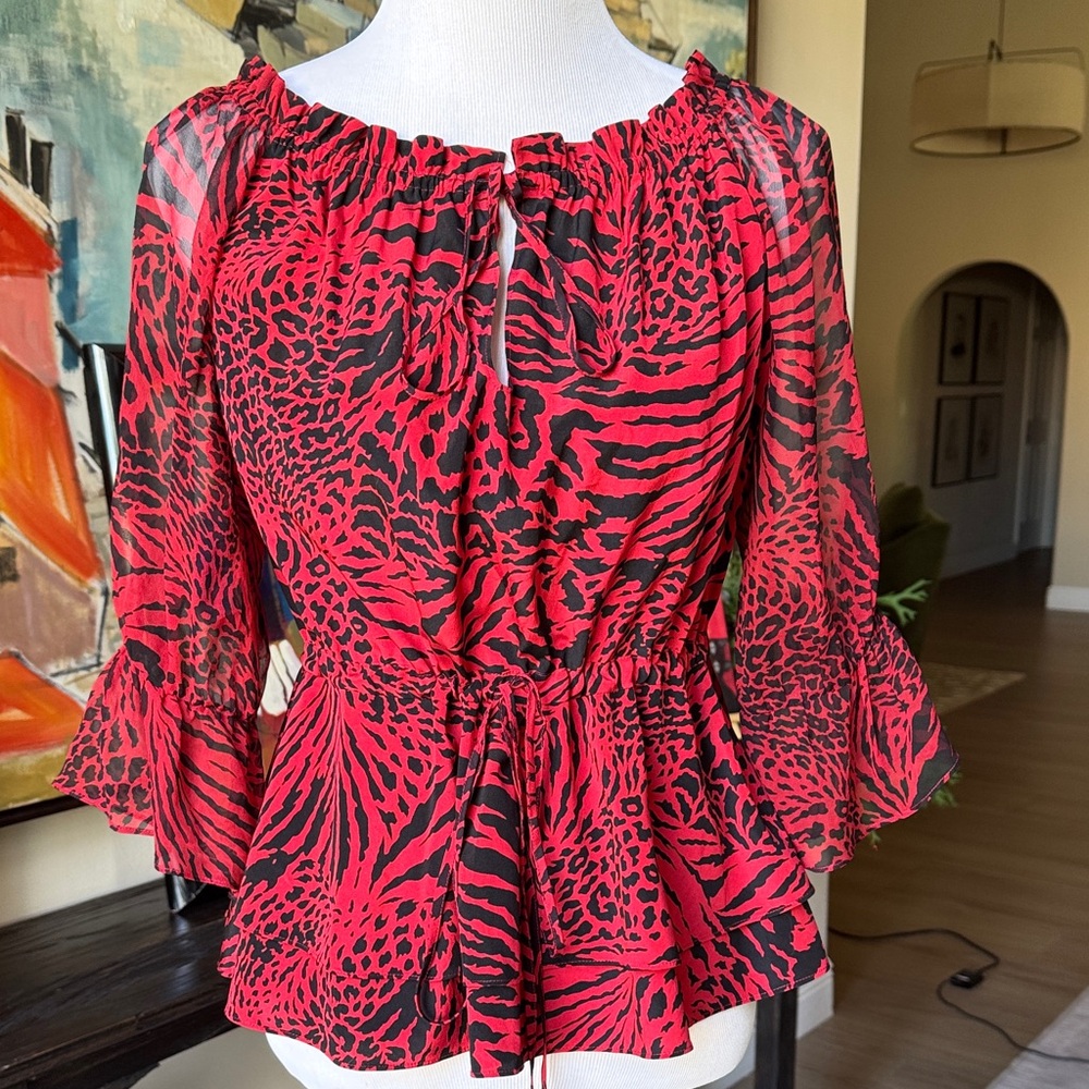 Alice + Olivia Red and Black Animal Print Blouse